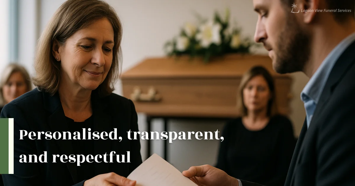 Funeral director hands document to grieving family at memorial service.