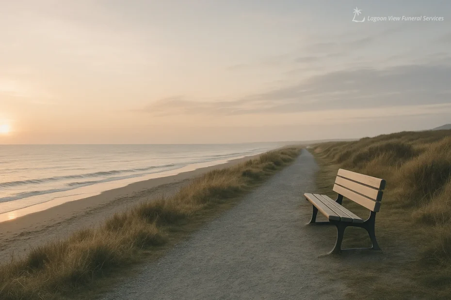 Wooden bench facing the ocean on a coastal path at sunset.