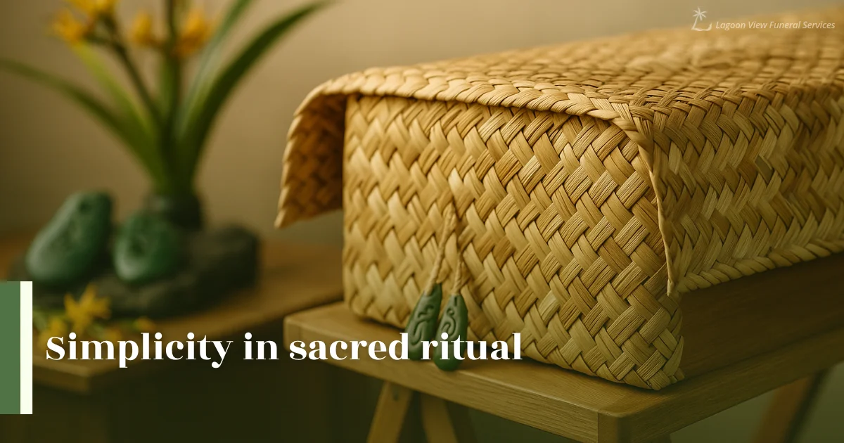 Close-up of woven casket on wooden stand in peaceful funeral setting.