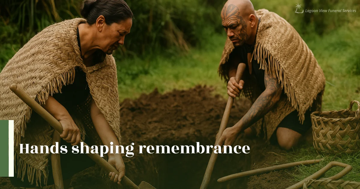 Māori man and woman digging grave wearing traditional cloaks in green setting.