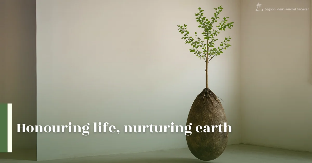 Tree growing from pod symbolising life cycle in modern eco-friendly setting.