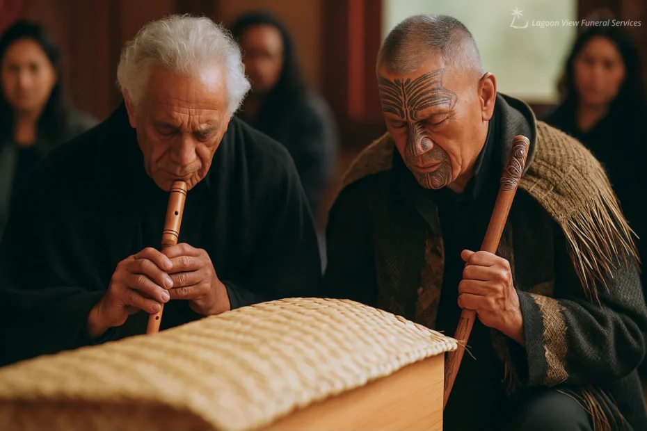 Two Māori elders mourning near woven coffin with traditional instruments.